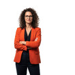 © Sobuj - A professional woman with curly hair wearing glasses and an orange blazer stands confidently with her arms crossed isolated on transparent background