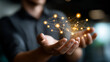 © Kateryna - Hands connecting marketing tech stack tools with lightbulb integration solution creative MarTech ecosystem digital platform strategy diagram visible face defocused with copy