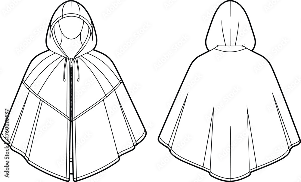 Hooded cape technical sketch, fashion CAD drawing, flat vector ...