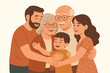 © Lera - Family visiting grandparents detailed flat vector illustration 5 people hugging and chatting warm pastel palette emotional mood.
