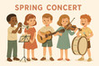 © Svetanych - Children preparing spring concert retro flat vector illustration 5 kids with instruments muted pastel palette festive mood.