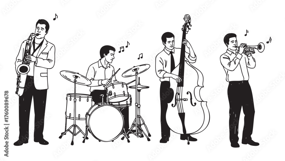 Four male musicians with musical notes play jazz instruments including ...