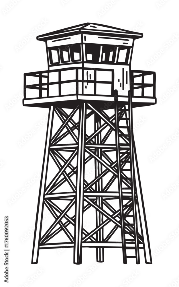 Black outline drawing of a traditional wooden watchtower with a ...