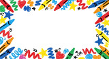 Vibrant kids' drawing frame with colorful wax crayons, hearts, and stars on a white background for creative projects