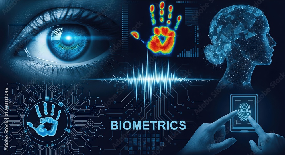 Advanced biometric identity scanning. Human eye, palm, and finger ...