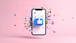 © Aula - Smartphone affichant une icône de pouce levé (Like) avec des confettis colorés, concept de succès, médias sociaux et notification
