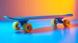 Gray skateboard with yellow wheels, standing isolated on shiny white floor, orange and blue gradient background,