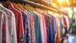 © Xion - Colorful Floral Patterned Blouses and Dresses Hanging on Wooden Hangers in a Boutique with Sunlight Filtering Through