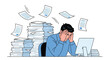 © Mariya - Stressed businessman overwhelmed by paperwork and deadlines at work struggling with burnout and feeling frustrated with high workload in modern office