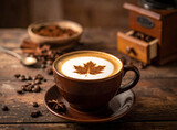 Taza de café con leche con hoja de arce dibujada en la espuma, granos de café y molinillo antiguo al fondo.