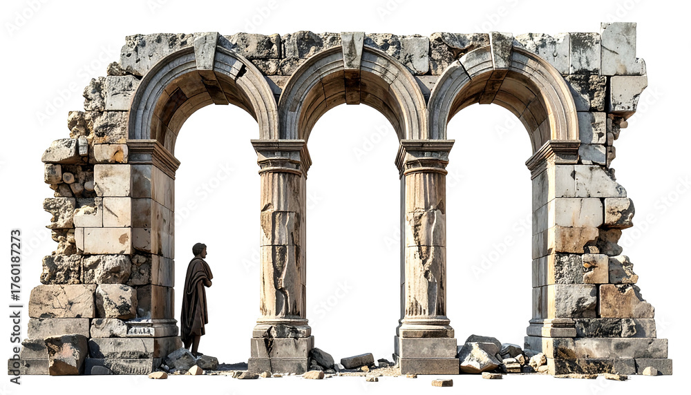 Architectural ruins of an arched structure with carved columns and ...