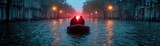 Emergency services rushing to natural disaster scene concept. Mysterious boat ride through a foggy cityscape at dusk.