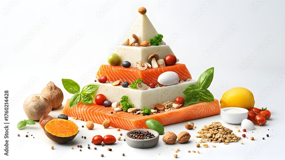Layers In Food Nutrient rich food pyramid of salmon creamy layers vegetables fruits ...