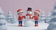 © Wiranata - Cute cartoon children building a snowman in a festive winter wonderland with snowy trees and pink sky, holiday season fun