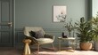 © Intach - Scandinavian-inspired living room, grey green wall color, gold metallic accent table, modern lounge chair, 3d rendering