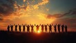 © btiger - Group of people holding hands in silhouette standing on grass with raised arms during vibrant sunset with colorful sky and clouds