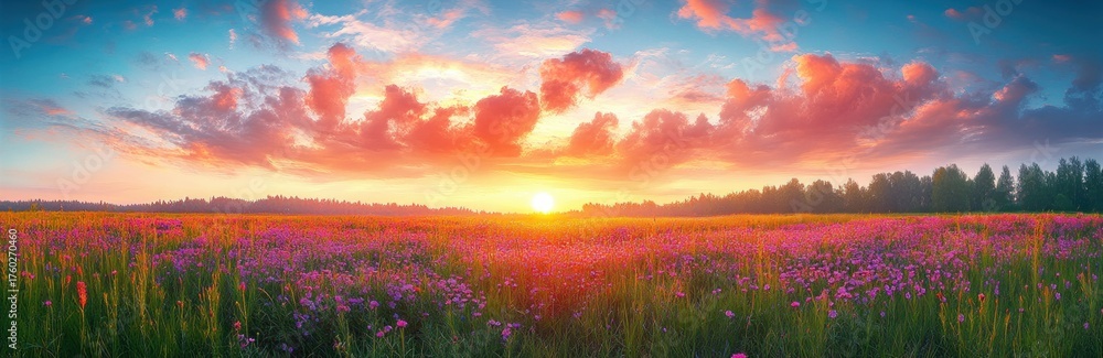 Vibrant sunset over a wide field of blooming purple flowers with green ...