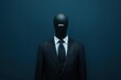 © KyleAnderson - Faceless mannequin dressed in a dark pinstripe business suit and tie with a smooth black head wearing a label marked OPCC against a dark blue background