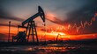 © Tin - Oil pump silhouetted against sunset sky with financial graphs concept. Oil pump jack silhouette against a vibrant sunset and stock chart.