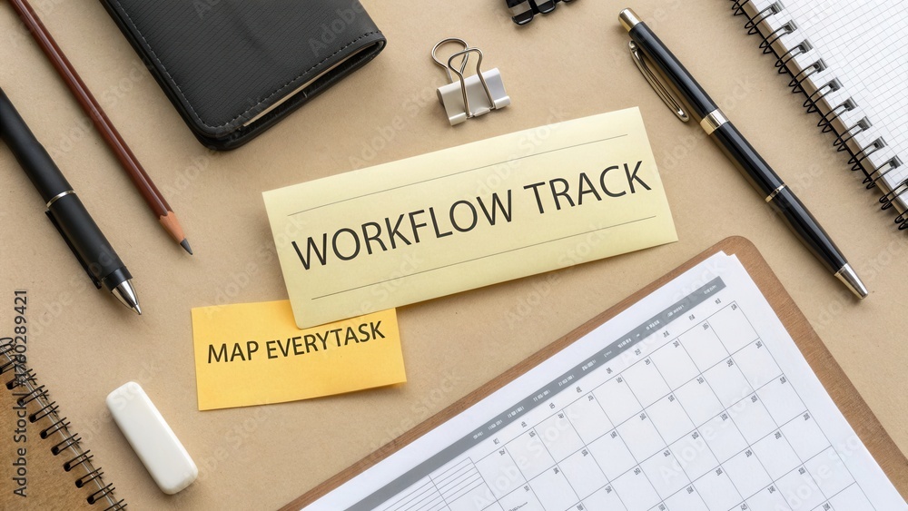 Organized Workspace with Workflow Track and Task Mapping Notes for ...