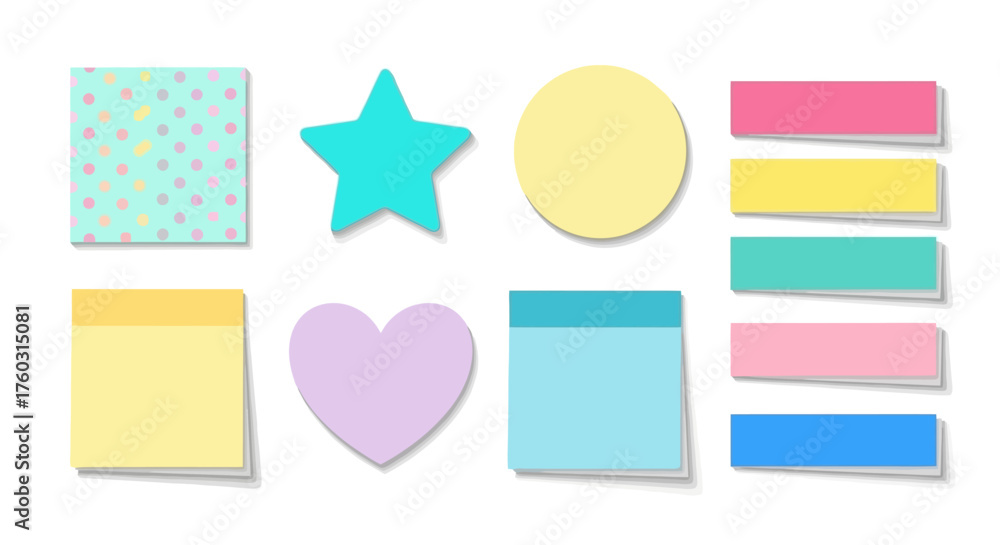 Set of cute pastel sticky notes and memo paper shapes including squares ...