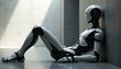 © Maryna - Futuristic humanoid robot rests against wall. Sleek white android shows intricate mechanical joints. AI being sits in contemplative pose. Scene has dramatic light and shadow.