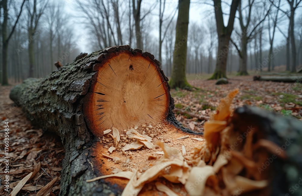 Fallen tree in forest with wood shavings. Trunk lies on ground among ...