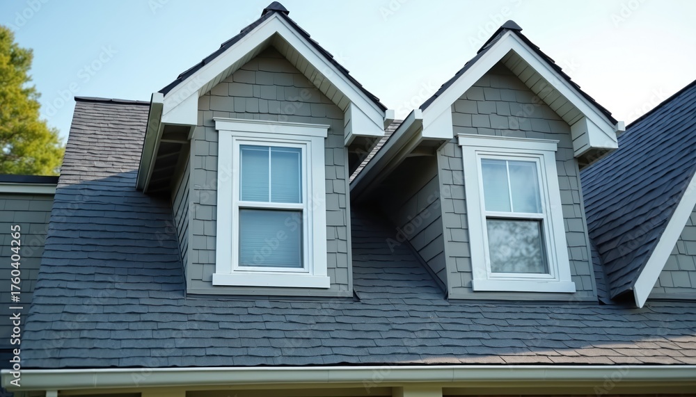 Exterior of house with new shingle roof. Dormer windows with white trim ...