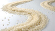 © Raaz - Flowing pathway of white rice grains on a white surface capturing food texture