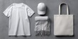 © Rifqi - Arrangement of a white T-shirt, cap, scarf with fringes and tote bag on grey surface, product mockup for fashion merchandise, apparel branding and clothing line design visualization