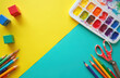 © Maryna - School art supplies lie on colorful background. Pencils, paints, scissors for kid art project. Tools for creative hobby. Back to school concept. Education, studying, drawing, handmade concept.