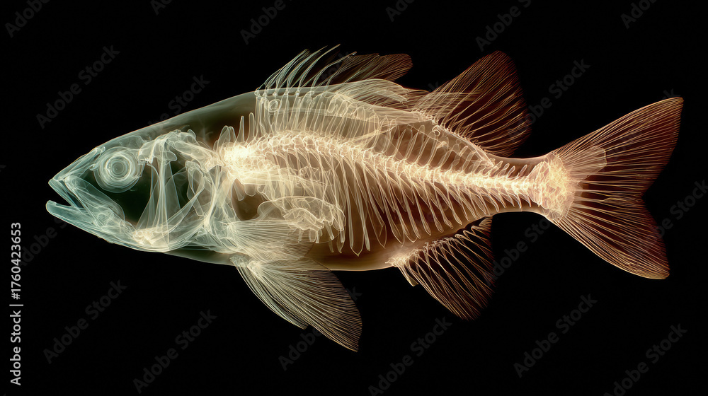 Fish skeleton xray showing detailed bone structure and internal anatomy ...