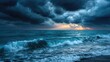 © Jiraporn - Dark cloudy sky with storm brewing in distance concept. Dramatic sea waves under a stormy sky at sunset.