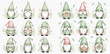 © studio - Collection of whimsical watercolor gnomes with green hats and pink accents surrounded by delicate foliage and flowers, perfect for spring or garden themes.