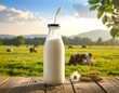© Gitourot - A vintage glass bottle is filled with milk, set on a wooden table. A flowing stream fills it, with a scenic pasture backdrop