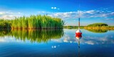 Serene waterscape featuring a navigational buoy amidst tranquil wetland vegetation under a vibrant sky