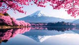 Mount Fuji's Majestic Reflection Amidst Vibrant Pink Cherry Blossoms on a Serene Spring Morning