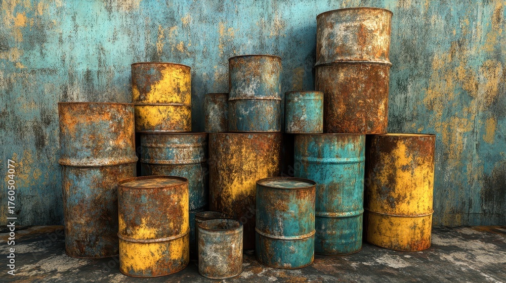 Rusty metal barrels showing corrosion and age on their surfaces Stock ...