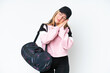 © luismolinero - Young sport caucasian woman with sport bag isolated on white background making sleep gesture in dorable expression