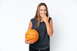 © luismolinero - Young basketball caucasian player woman isolated on white background happy and smiling covering mouth with hand