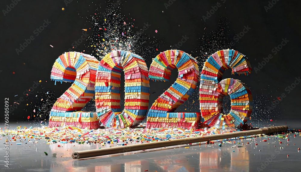 Pinyata Exploding A colorful piñata shaped like the year 2026 is being broken open, with ...
