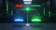 © Dura - Scales of justice balancing bias and fairness in a digital environment, representing the importance of ethical AI and data analysis for a just and equitable society.