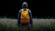 © elmyra - Person with a yellow backpack standing in a field of tall grass.