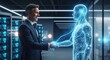 © Dara - A man in a suit shaking hands with a holographic human figure in a futuristic office setting.