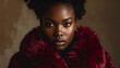 © Yurii Andreichyn - Portrait of a model wrapped in soft faux fur coat in deep burgundy, studio lighting, rich textures, warm shadows, high fashion editorial feel