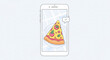 © Atta - Illustration of a smartphone displaying a pizza slice on a plate, representing online food ordering and delivery