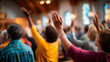 © Kateryna - Rear view of diverse congregation standing in prayer hands lifted up colorful clothing visible faces obscured multicultural church worship mental health spiritual support den