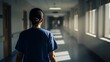 © True Stock - Dawn Patrol Doctor: An exhausted female doctor walks down a brightly lit hospital corridor at sunrise, embodying the dedication of healthcare professionals.