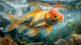 Colorful koi fish swimming underwater with bubbles and plants in clear pond