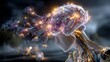 © paetai - Futuristic brain concept with glowing elements. Deep tech neural field cinematic lighting, human brain silhouette illuminated by neural sparks and data lines, futuristic AI visualization.